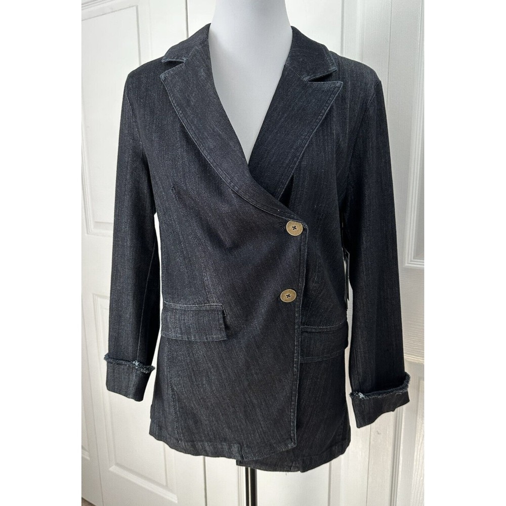 NIC+ZOE Womens Black M Denim Blazer Asymmetrical Button Jean Jacket  MSRP $188